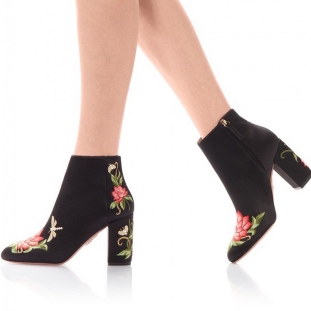Aquazurra Lotus Satin Floral Embroidered Booties - Picture 10 of 12